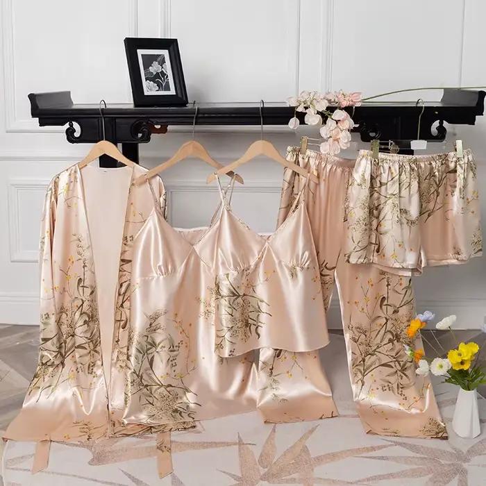 Ensemble pyjama surdimensionné 5XL pour femmes, 5 pièces, imprimé cerise, Kimono, Robe de bain, chem