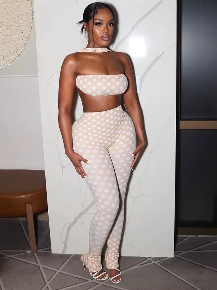 Kliou Sexy Mode 2 Pièce Ensemble Femme Polka Dot Imprimer Irrégulière Halter Dos Nu Débardeurs + Ski