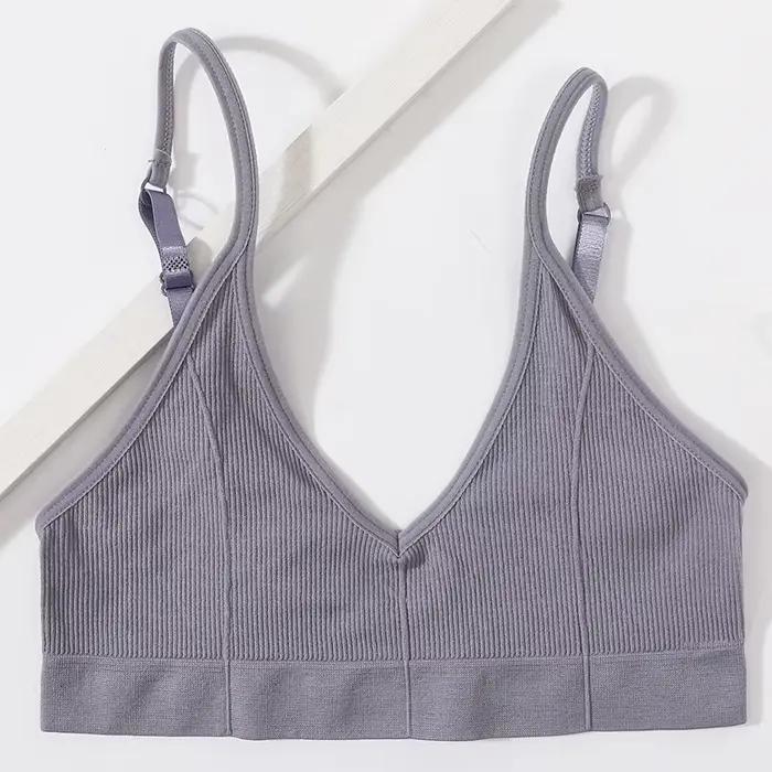 Soutien-gorge sans couture pour femme, style tube, côtelé, col en V, sans armatures, dos en U, pour