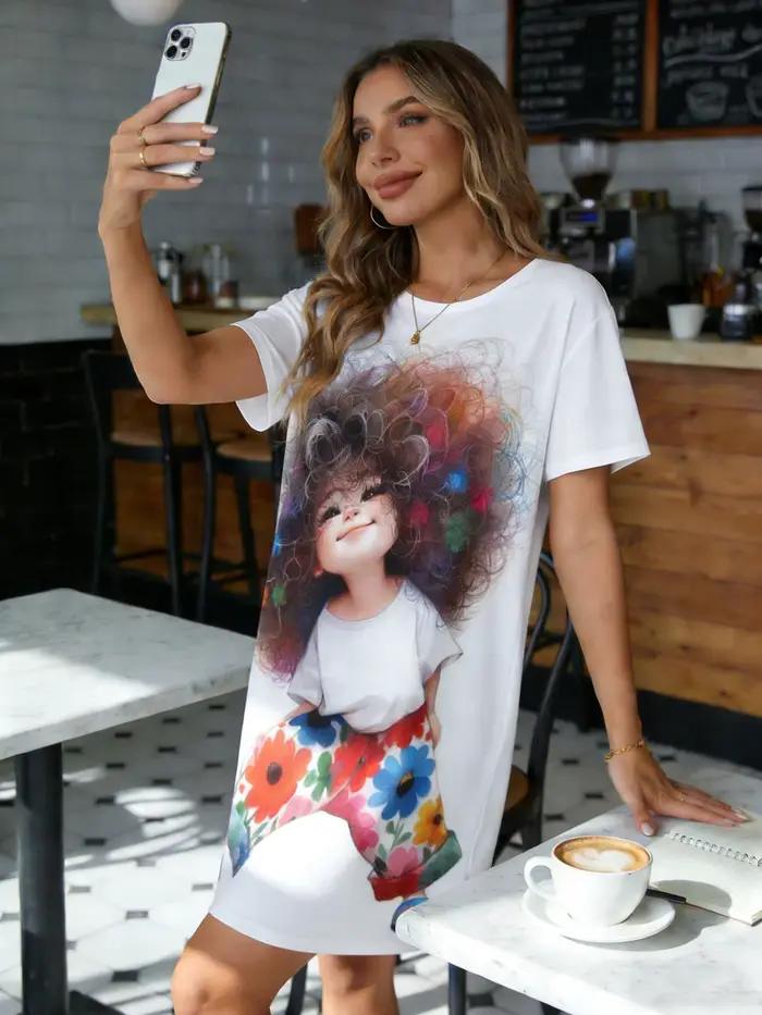 Chemise de nuit pour femmes, col rond, manches courtes, printemps-été, motif floral mignon de dessin