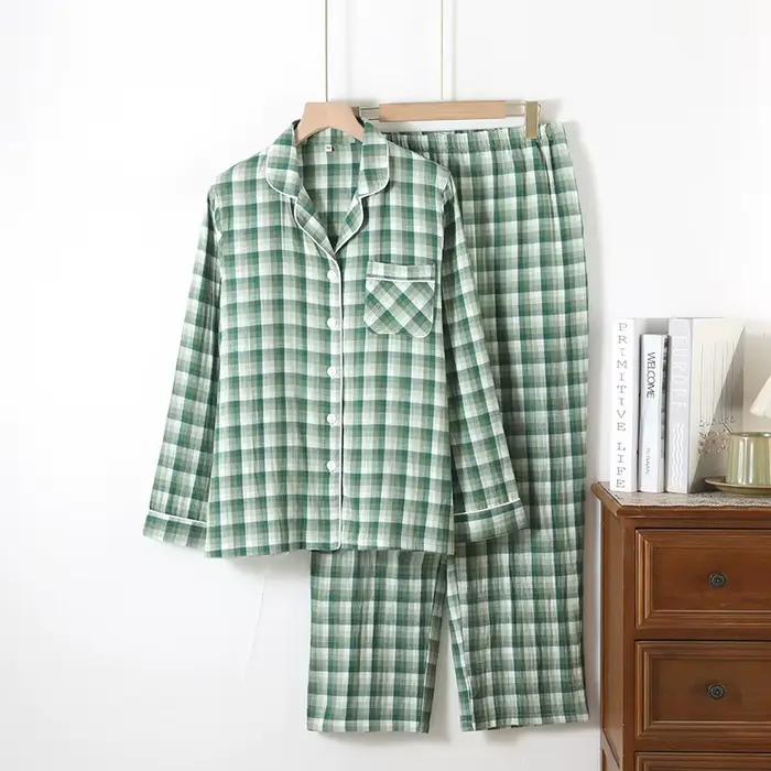 Ensemble pyjama Double couche en gaze de coton imprimé à carreaux pour Couples, vêtements de nuit po