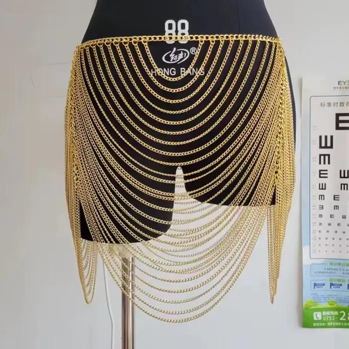 Or Argent Nuit Tenue De Club Chaîne De Corps Jupe Femme Mode Décontracté Creux Mini Jupes 2024 Été P