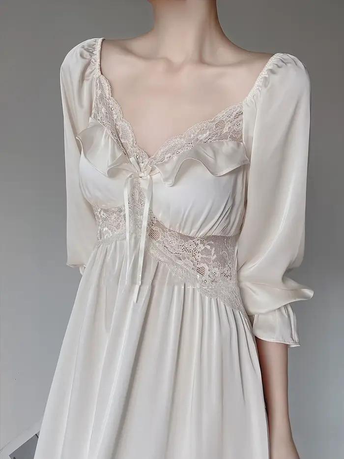 Chemise de nuit en dentelle française élégante pour femmes, pyjamas vintage, vêtements de nuit longs