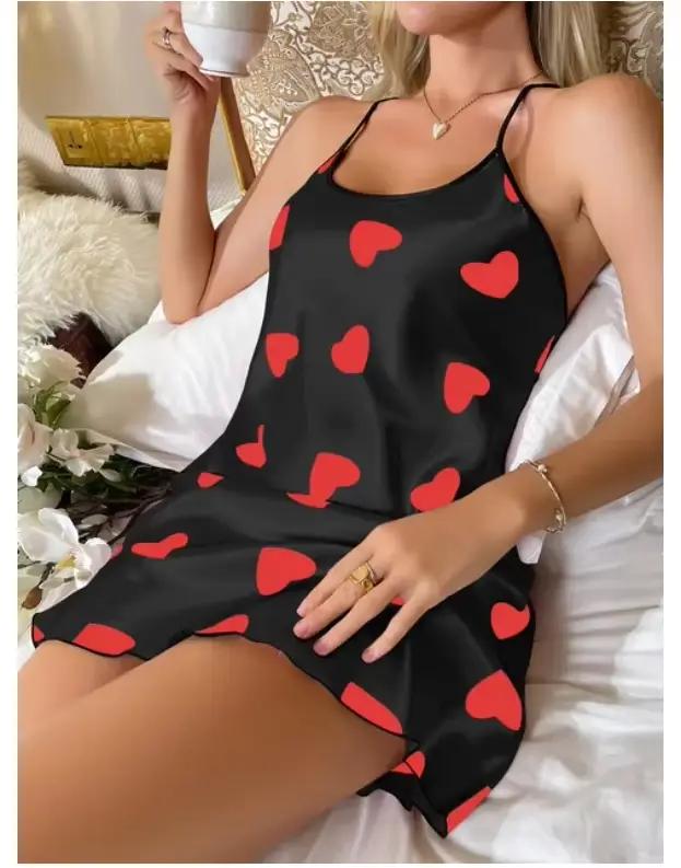 Robe de nuit élégante à imprimé cœur pour femme, encolure dégagée, dos croisé, vêtements de nuit