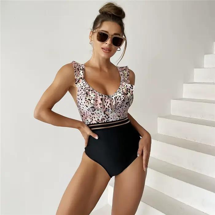 Maillot de bain une pièce rembourré pour femme, maillots de bain College, bikinis à volants fusionné