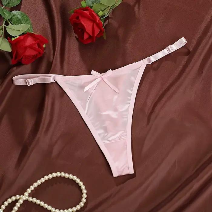 String T-back taille basse en satin transparent avec nœud, culotte brodée, lingerie évidée pour femm