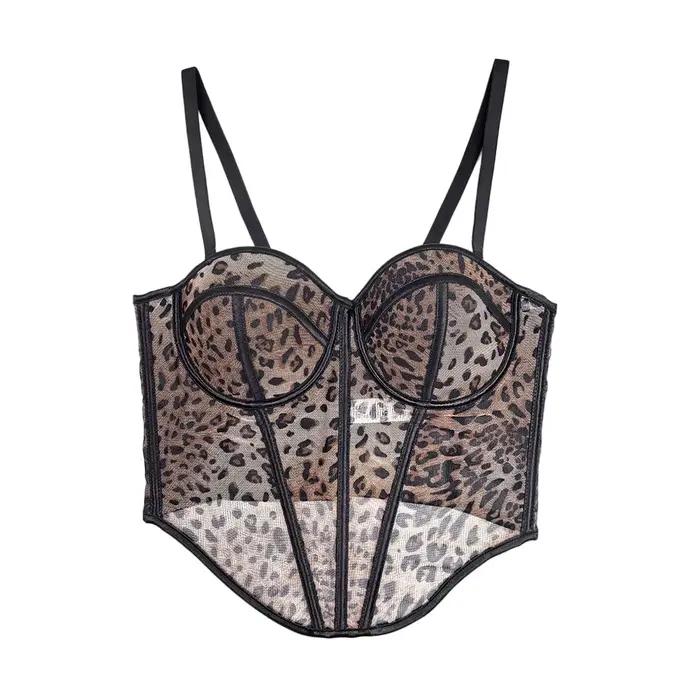 Sexy Crop Top Bustier Imprimé Léopard avec Pierres Thermocollées pour Femme, Idéal Soirées et Événem