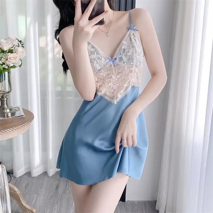 Femmes Satin chemise de nuit Sexy sans manches chemise de nuit femme dentelle col en v robe de nuit
