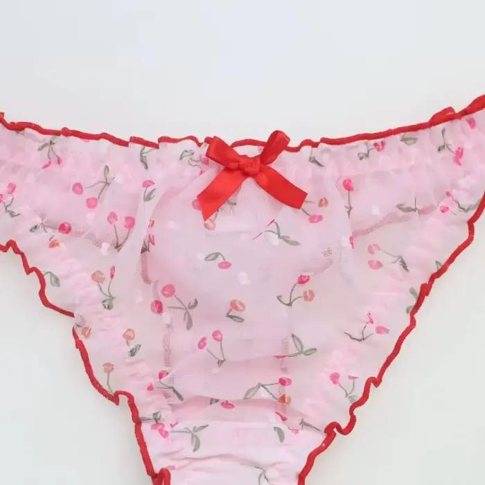 Sissy rose cerise mousseline de soie mignon string femmes taille moyenne nœud transparent érotique t