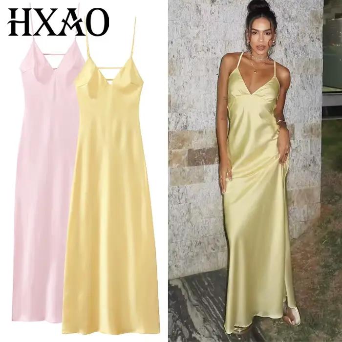 HXAO robes jaunes femmes Satin col en V robe mi-longue été dos nu sangle robes de soirée élégante ro