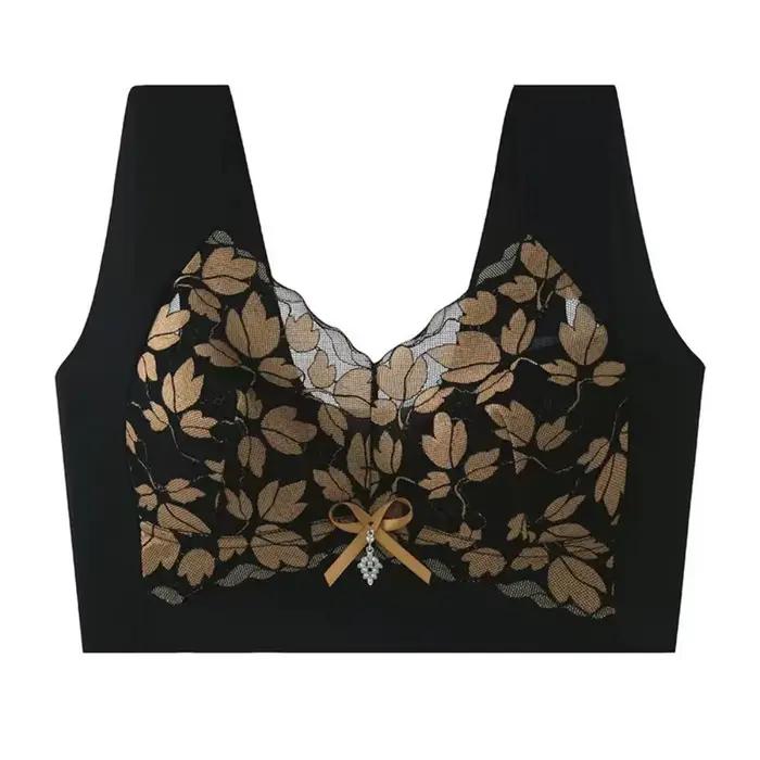 Soutien-gorge Push Up en dentelle feuille respirante, décolleté en V profond, avec nœud papillon en