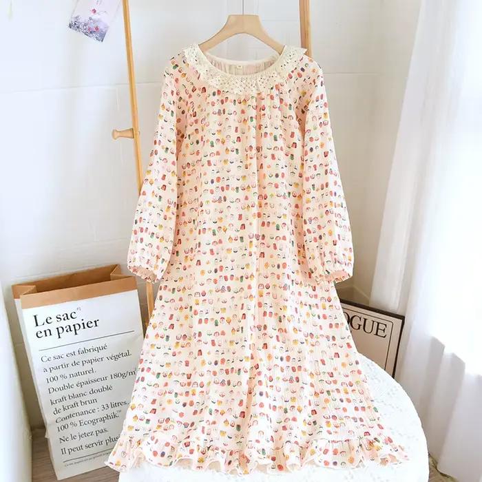 Chemise de nuit en coton imprimé à manches longues pour femmes, col rond, bord en dentelle, vêtement
