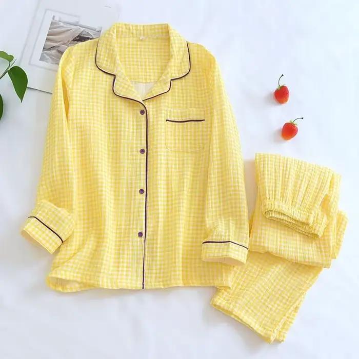 Ensembles de pyjamas en crêpe 100% coton pour couples, vêtements de nuit à manches longues pour femm