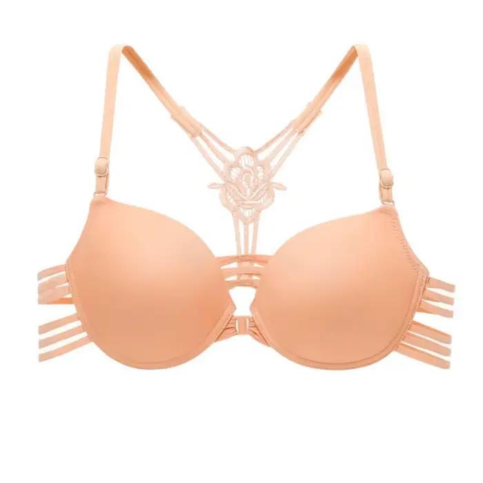 Soutien-gorge push-up sans couture à boutons avant en dentelle pour femme, bonnet 3/4, motif floral,