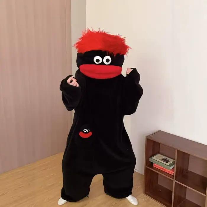 Pyjama une pièce en polaire corail assorti pour couple, combinaison à capuche motif bouche de poisso