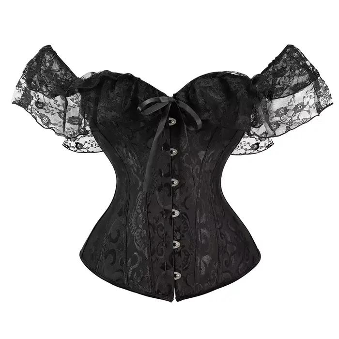 Haut corset en dentelle à épaules dénudées pour femme, style vintage, jacquard floral, avec ruban, p