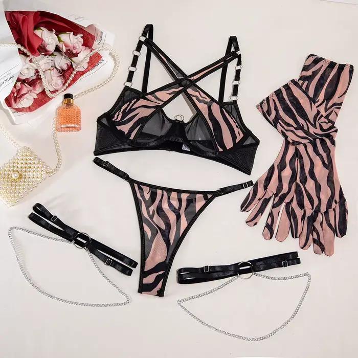 Brskbzda-Soutien-gorge croisé en dentelle léopard pour filles, sous-vêtements romantiques, gants en