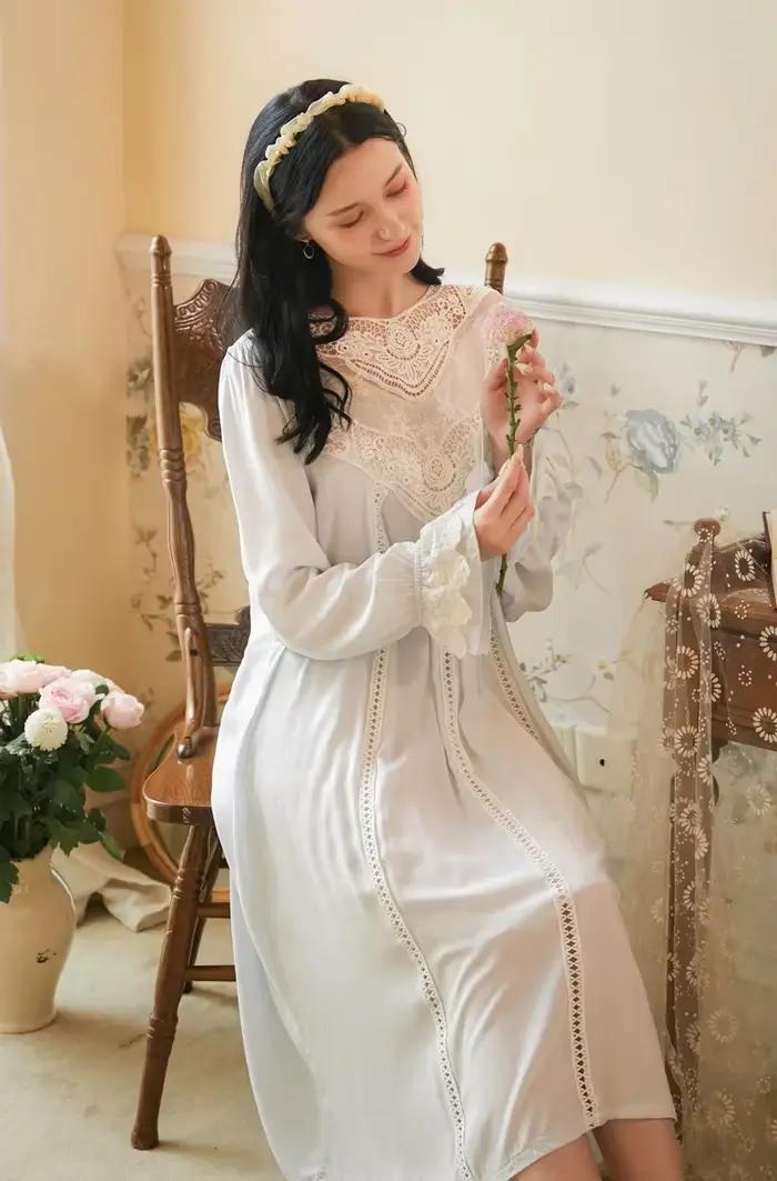 Femmes pur coton volants col en v Vintage chemise de nuit Robe longue Robe victorienne romantique pr