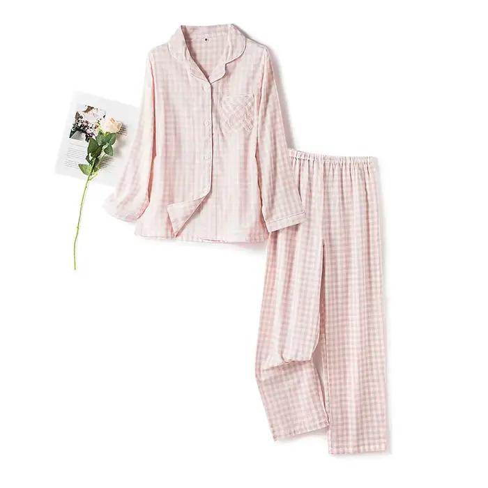 Ensemble de pyjama en coton pour femmes et hommes, cardigan à revers confortable, pantalon à carreau