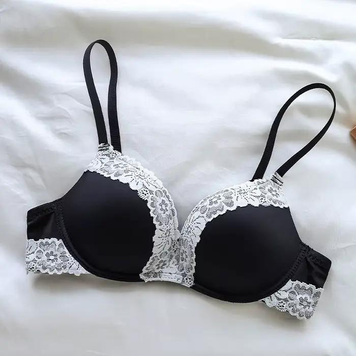 Soutien-gorge push-up ajustable sans armatures pour femme, en dentelle française violette à imprimé