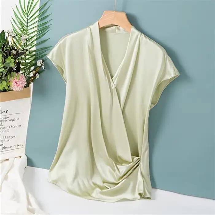 Chemisier Élégant en Satin pour Femme, Sexy, Col en V, Bureau, Chemises Décontractées, Couleur Unie,