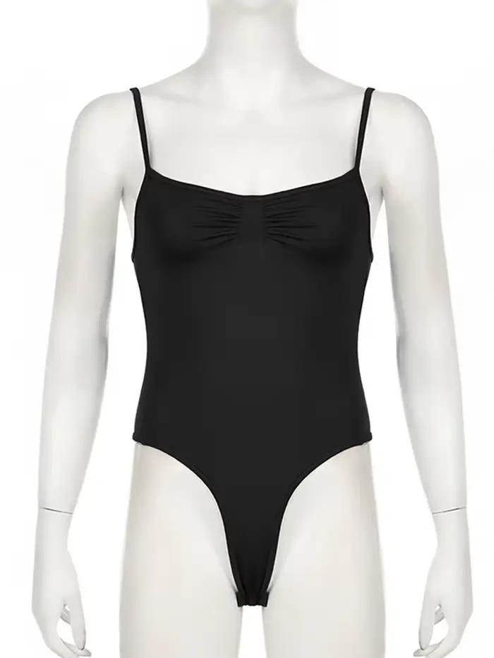 Sweetown – body froncé sans manches pour femmes, noir, bretelles Spaghetti, solide, Simple, basique,