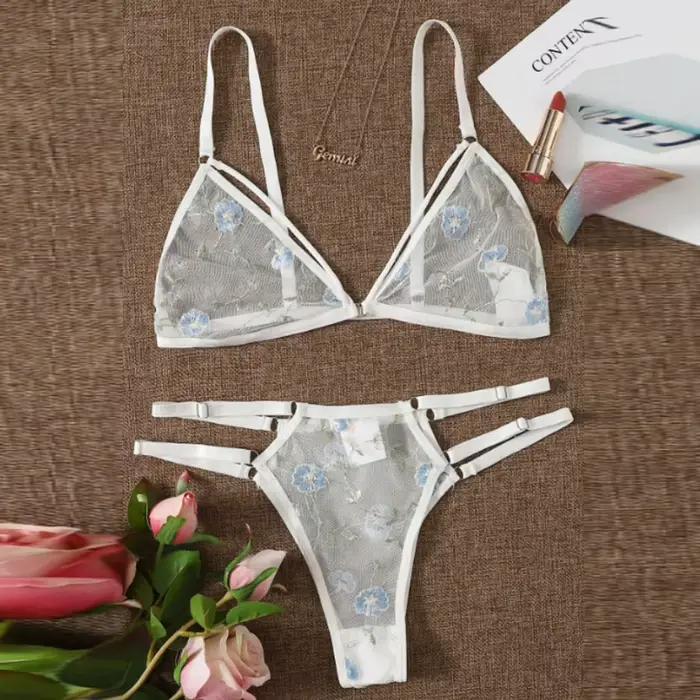 Ensemble de lingerie en dentelle brodée de fleurs pour femmes, soutien-gorge, string, maille, transl