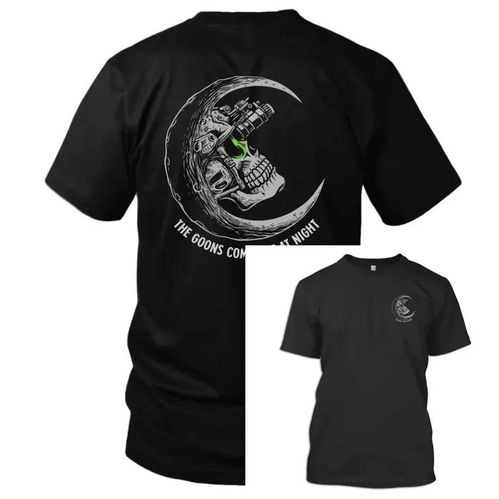 T-shirt graphique Skull in Crescent Moon à lentille verte pour vision nocturne, impression double fa