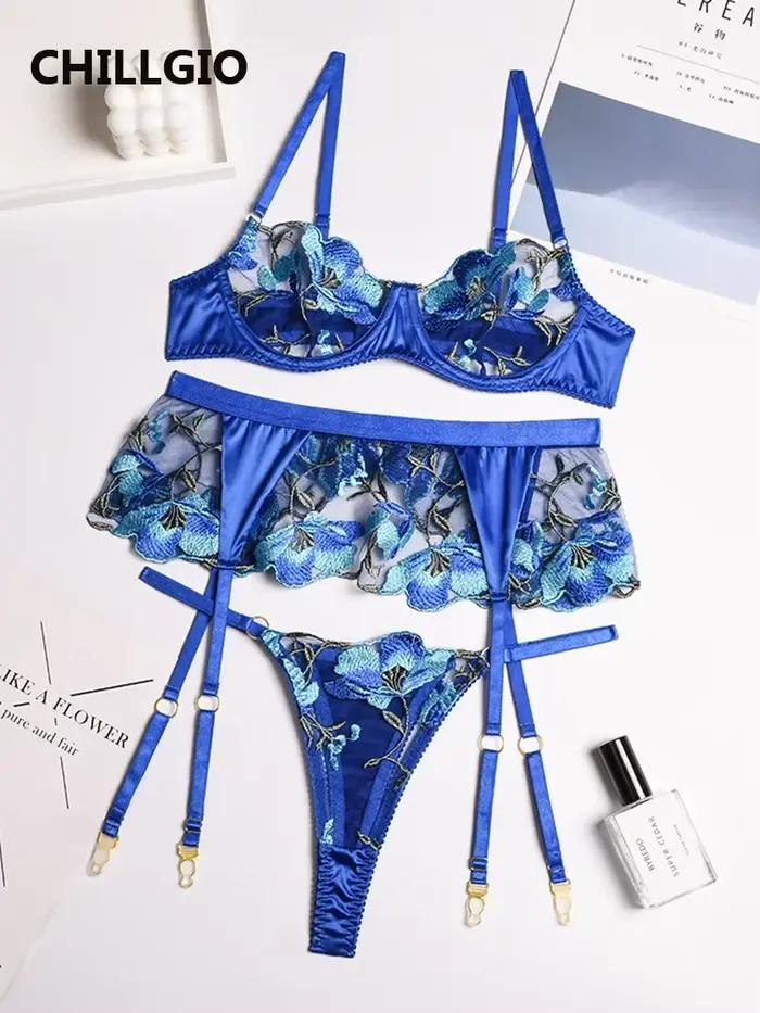 CHILLGIO femmes broderie florale dentelle soutien-gorge bref costumes mode 3 pièces érotique intime