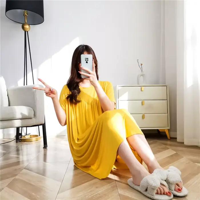 Net rouge nouveau Modal robe de nuit femmes printemps été chemises de nuit élastique vêtements de nu