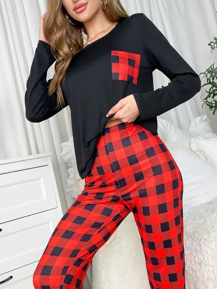 Pyjama nouveau style, deux ensembles, haut noir, manches longues, pantalon rayé rouge, vêtements de