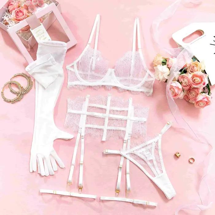 Ensemble de lingerie sexy 5 pièces en dentelle transparente avec soutien-gorge à armatures, culotte,