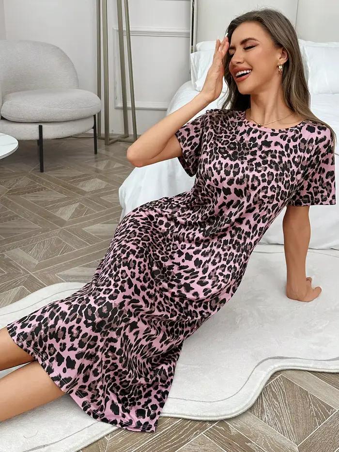 Chemise de nuit quatre saisons pour femmes, Robe à manches courtes imprimé léopard à la mode qui peu