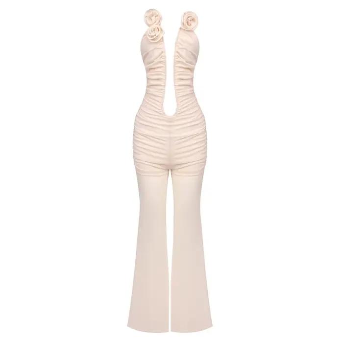 VC – combinaison romantique en maille florale, décolleté en V profond, fleurs 3D, dos ouvert, sans m