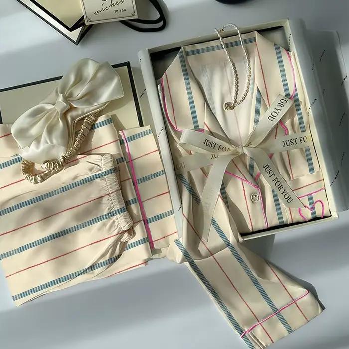Pyjama en soie glacée à rayures contrastées pour femmes, ensemble de vêtements de maison à manches l