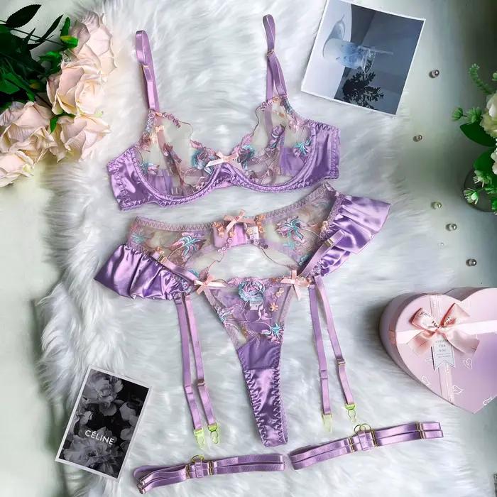 Ensemble intime Floral en dentelle transparente, Lingerie à volants, sous-vêtements fantaisie Sexy,