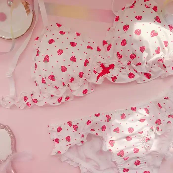 Ensemble soutien-gorge et culotte en soie de lait japonaise imprimé fraise, sous-vêtements doux sans