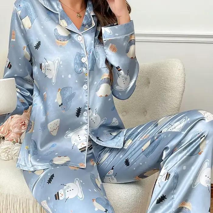 Ensemble pyjama en Satin à imprimé Floral pour femmes, manches longues et pantalon pour un sommeil c
