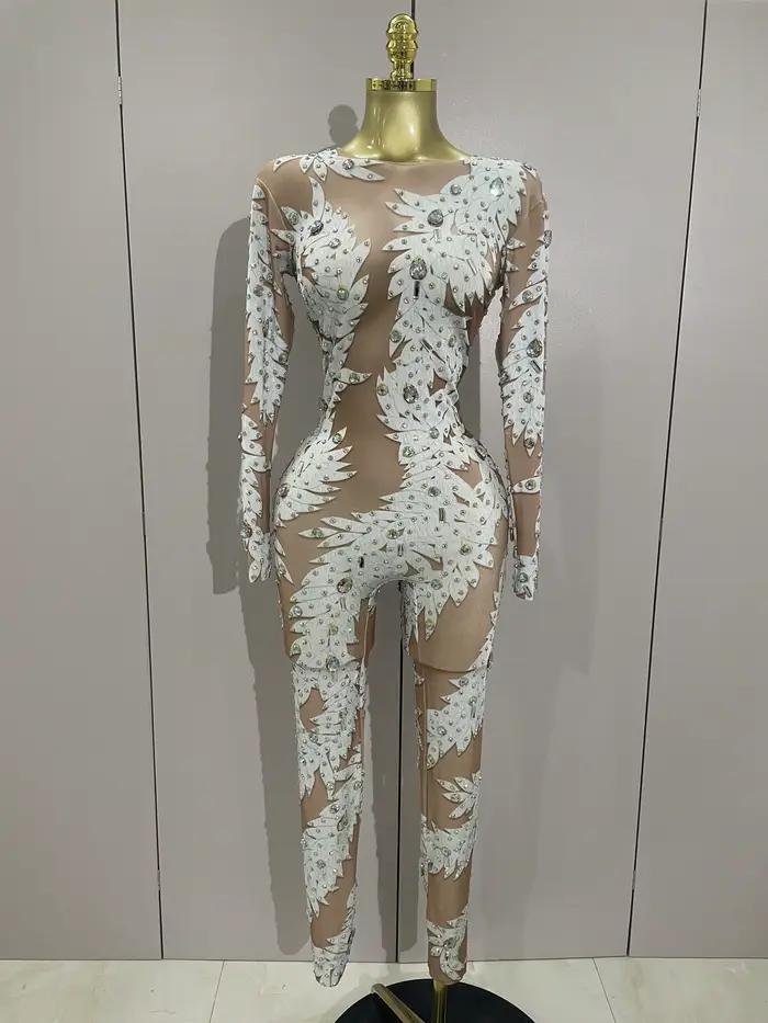 Combinaison moulante à manches longues pour femme, sexy, à haute élasticité, ornée de cristaux, pour
