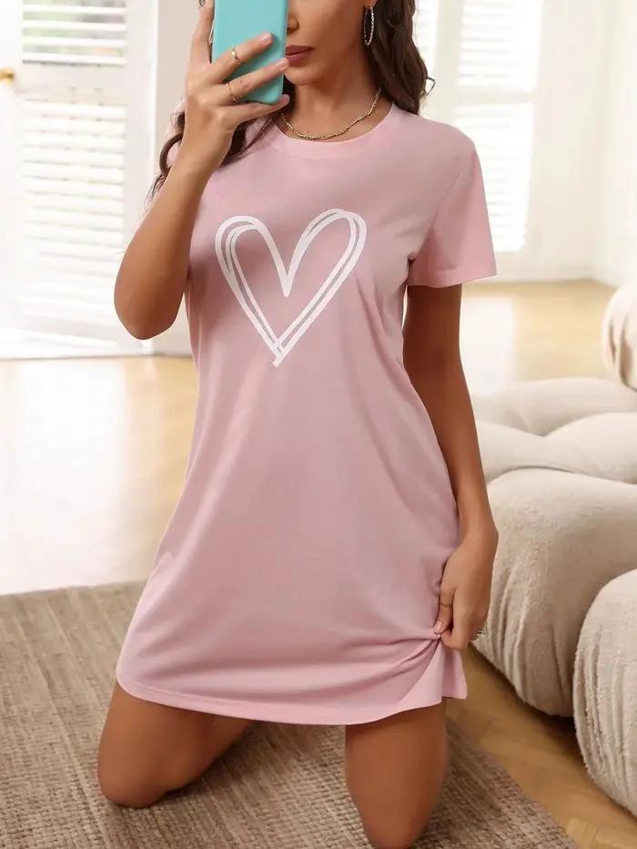 Robe de nuit pour femmes, imprimé cœur, manches courtes, confortable, Sexy, vêtements de maison, pou