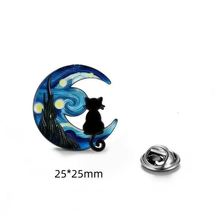Broche Van Gogh La Nuit étoilée, étoile, lune et chat noir, broches asymétriques ciel nocturne pour