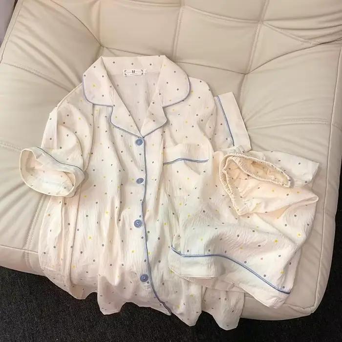Ensemble pyjama en coton imprimé à pois pour femmes, haut à manches courtes et short, 2 pièces, déco