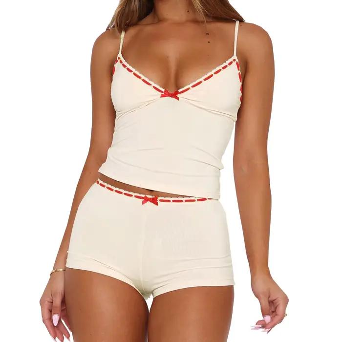 Ensemble pyjama 2 pièces pour femme, tenue de détente avec nœud décoratif, débardeur sans manches à