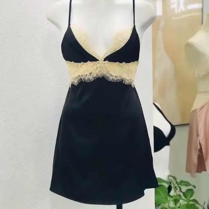 Chemise de nuit en dentelle satinée soyeuse pour femmes, vêtements de nuit français, lingerie sexy,