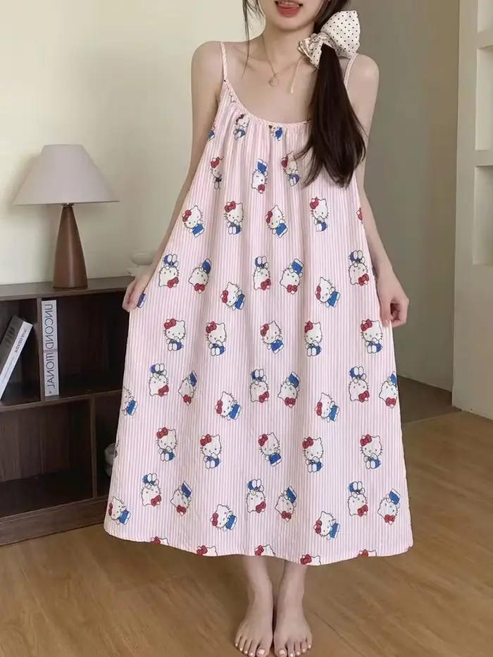 Robe de nuit mi-longue Hello Kitty pour femme avec soutien-gorge intégré, imprimé dessin animé migno