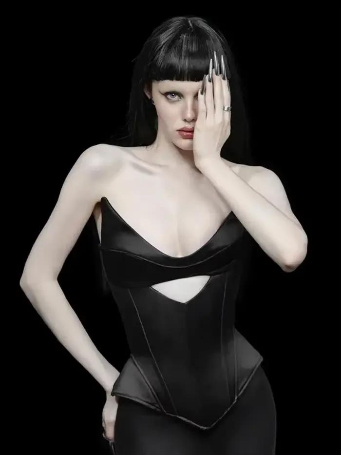 Haut court sans manches, Lingerie ajourée, Bustier Sexy, cravate au dos, vêtements gothiques pour fe