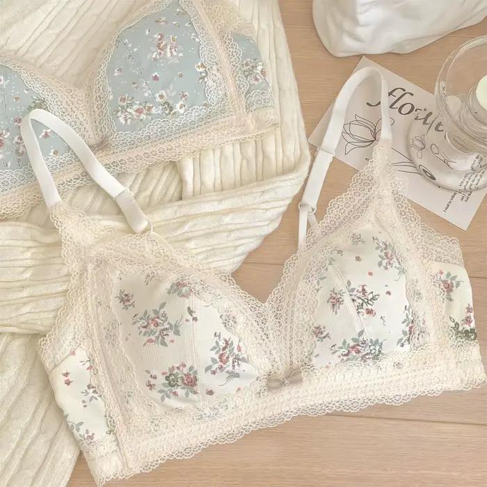 Soutien-gorge français Sexy en dentelle de gaze brodée, sans éponge, petits seins froncés, anneau en