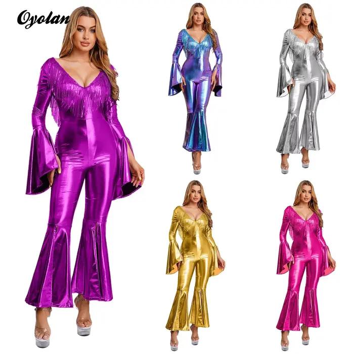 Body métallique irisé Oyolan pour femmes, costume de danse disco, pompon à paillettes, dos nu, barboteuse, poignets et jambes évasés, polyester et élasthanne, pour soirées festives et spectacles de danse