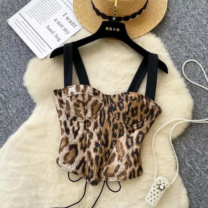 Sexy léopard Corset arête de poisson Chic coréen Camis débardeur mode de base épaules dénudées été femmes vêtements