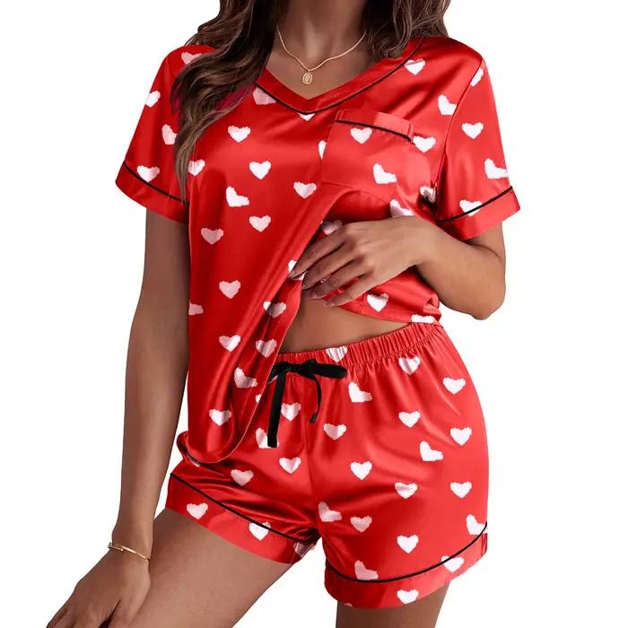 Léon's Day-Pyjama en satin imprimé cœur pour femme
